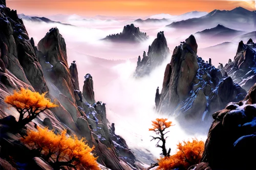 huangshan mountains,huangshan maofeng,mountainous landscape,mountain landscape,mountain scene,autumn mountains,fantasy landscape,changbai mountain,landscape background,zhangjiajie,volcanic landscape,mountainous landforms,yellow mountains,huashan,karst landscape,chinese art,panoramic landscape,the landscape of the mountains,yunnan,high landscape,Conceptual Art,Fantasy,Fantasy 11