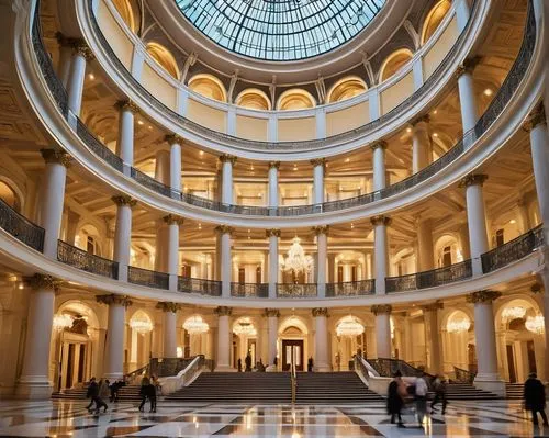 Modern skyscraper, 1830s neoclassical architecture style, grandiose entrance, ornate stone carvings, tall Corinthian columns, intricate balconies, arched windows, golden dome, luxurious marble floors,