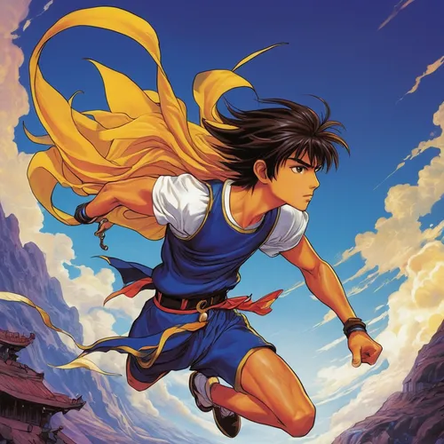 flying girl,kayano,rosa ' amber cover,sprint woman,mountain spirit,yang,wind warrior,mulan,dragonball,phoenix,mowgli,shirakami-sanchi,dragon ball,heroic fantasy,flying heart,goku,chasm,saffron bun,wind edge,determination,Illustration,Japanese style,Japanese Style 13