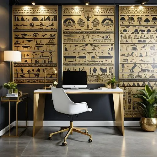 Design a workstation for an office building that features wall art, wallpaper, and a separate crystal wall blending French Industrial Chic style with touches of old Egyptian design. For wall art, incl