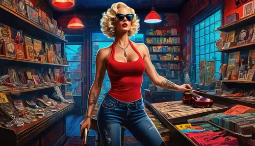 sci fiction illustration,retro woman,shopkeeper,retro women,woman shopping,bookstore,comic book,librarian,retro girl,pin-up girl,comic books,book store,cigarette girl,pin ups,cleaning woman,maraschino,bookshop,pin up girl,retro pin up girls,retro pin up girl,Illustration,Realistic Fantasy,Realistic Fantasy 39