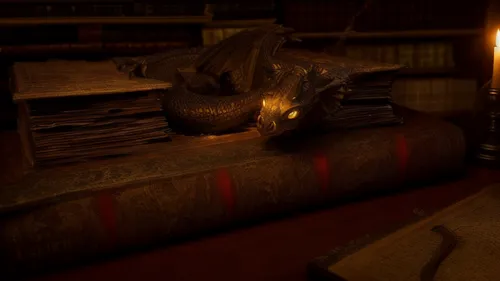 sleeping dragon on an old book in a dark wizards office at night lit by candle light
,antiquariat,librarian,sound studo,skull statue,sarcophagus,apothecary,old library,uintatherium,bookshelves,book an