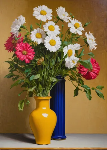 A PAIR OF FLORAL STILL LIFES BY ROD GOEBEL,gerbera daisies,chrysanthemums bouquet,sunflowers in vase,marguerite daisy,flower vases,chrysanthemums,flower vase,chrysanthemum flowers,flower arrangement l