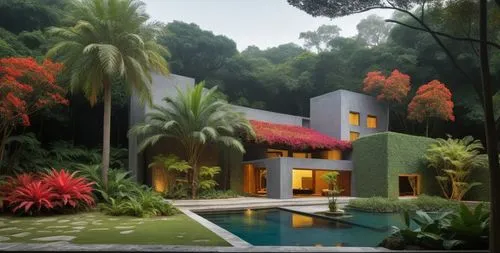 EL EXTERIOR DE UNA CASA CON ESTILO MEXCANO MODERNO, USO DE COLORES VIBRANTES, MATERIALES REFIONALES, TEJA, VIGAS DE MADERA, EN UN AMBIENTE EXUBERANTE, ESTANQUE DE AGUA AL FRENTE.,an architecturally de