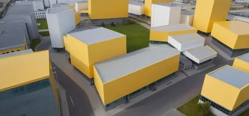 the building in yellow is a hospital next to a grey office campus and a school beige in colour and across the road is an art gallery  the buildings in qhite are resdential and comnmercial offices add 