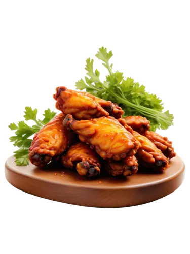 Spicy hot wings, close-up, golden brown crispy skin, saucy dripping, steam rising, tender meat, fresh parsley garnish, wooden table, warm lighting, shallow depth of field, appetizing composition, savo