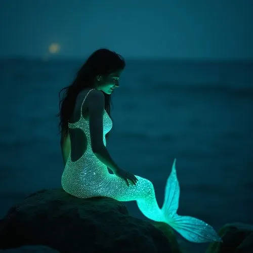 Gently smiling cyber mermaid is sitting on a stone near the sea at night. blue green glowing mermaid dress. Cinematic film still, shot on v-raptor XL, film grain, vignette, color graded, post-processe