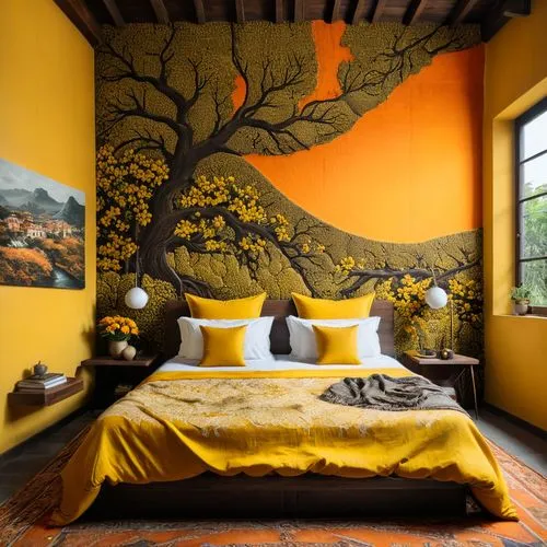 wall painting,antigua guatemala,yellow wallpaper,japanese-style room,yellow wall,guest room,sleeping room,stucco wall,yellow orange,wall decoration,painted wall,wall paint,orange tree,quarto,guestroom,great room,fromental,children's bedroom,wallcoverings,bohemian art,Photography,General,Fantasy