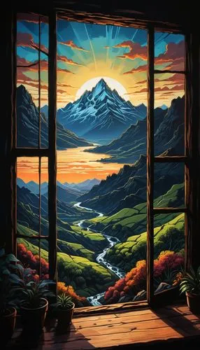 mountain sunrise,window to the world,alpine sunset,the window,window,window view,mountain scene,window released,mountain view,mountain landscape,big window,open window,bedroom window,glass window,annapurna,stained glass window,window curtain,the landscape of the mountains,wood window,mountains,Illustration,Realistic Fantasy,Realistic Fantasy 25