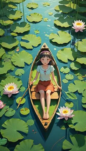 Illustration, a girl surrounded by lotus leaves in the pond, outdoor on a sunny summer day, low angle close-up of a happy girl sitting in a small boat under the lotus leaves to cool off, Ghibli dreamy