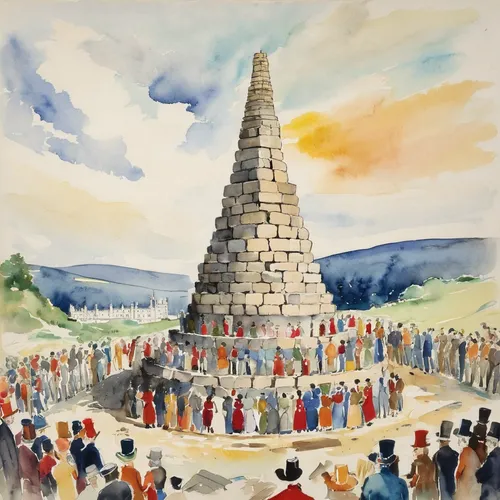 A watercolourdepicting the completion of a cairn built to mark Victoria and Albert's acquisition of Balmoral,surrounded by people cheering and with servants serving refreshments.Signed,dated and inscr