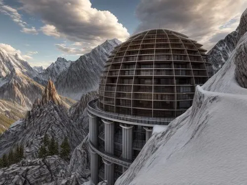 render the building and the mountains. Add some colures.,alpine hut,mountain hut,aiguille du midi,snowhotel,snow roof,snow shelter,snow house,schilthorn,dachstein,mountain station,avalanche protection