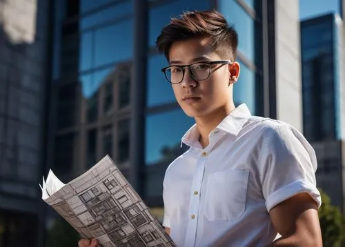 Young adult, male, architecture student, associate's degree, casual wear, white shirt, dark blue jeans, sneakers, black framed glasses, short brown hair, serious expression, holding a blueprint, stand