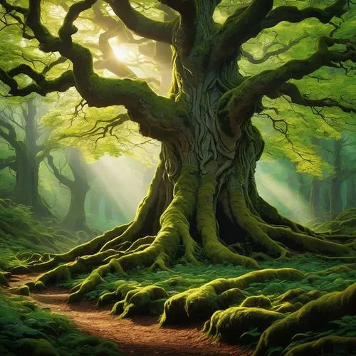 mirkwood,fangorn,forest tree,elven forest,the roots of trees,green forest,enchanted forest,fairytale forest,beech forest,forest landscape,tree canopy,celtic tree,arboreal,ents,oak tree,fairy forest,holy forest,magic tree,forest floor,crooked forest,Illustration,Realistic Fantasy,Realistic Fantasy 04