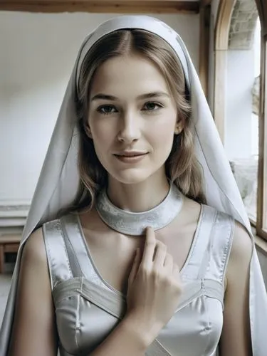 Hildegard with her new Minimizer breast bandage, the day of her ordination as a nun in the idyllic monastery of Bingen, prepares for the next step on her spiritual path with a thoughtful expression on