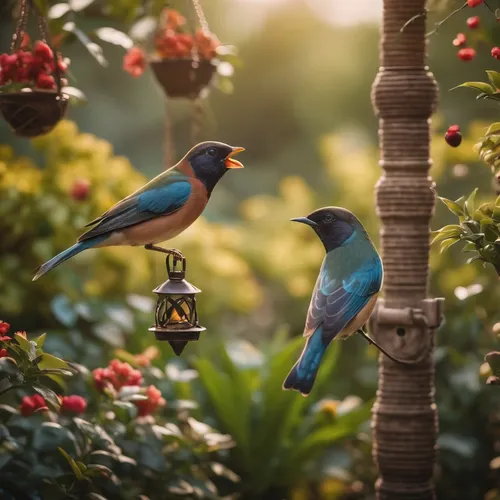 garden birds,humming birds,colorful birds,songbirds,humming bird pair,blue birds and blossom,tropical birds,bird feeder,bird couple,hummingbirds,birds on a branch,bird food,bird photography,parrot couple,indigo bunting,birds on branch,love bird,birdfeeder,red feeder,bird feeding,Photography,General,Cinematic