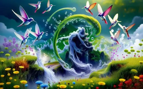 Traditional Beauty in Nature,a bunch of birds flying around in the sky,luigia,fairy peacock,flora abstract scrolls,fantasy picture,spiral background,spiralis,Illustration,Abstract Fantasy,Abstract Fan