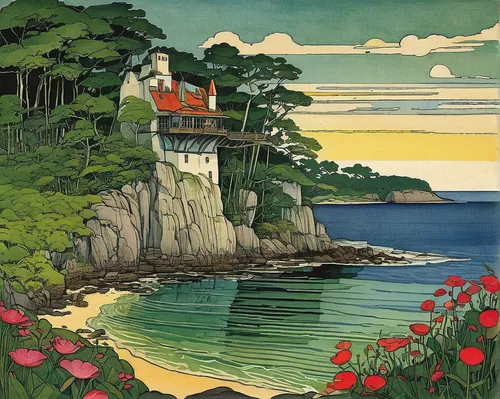 coastal landscape,landscape with sea,japan landscape,cool woodblock images,olle gill,summer cottage,honzen-ryōri,beach landscape,archipelago,cottage,summer house,shimane peninsula,sea landscape,wakayama,travel poster,shizuoka prefecture,miyajima,kumano kodo,seaside country,shirakami-sanchi,Illustration,Retro,Retro 05