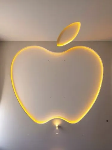 Convert this layout into a real gypsum decor for a room with hidden lighting.,there is an apple sign on the wall,apple logo,apple desk,cupertino,home of apple,apple monogram,wall lamp,Photography,Gene