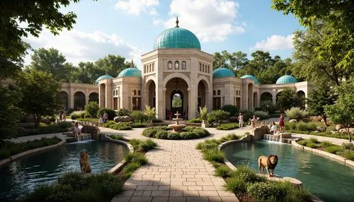 \Majestic Byzantine-style zoo buildings, intricately carved stone facades, vibrant turquoise domes, lush greenery, exotic plants, wandering pathways, ornate fountains, majestic lions, playful monkeys,