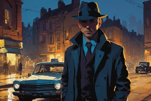 detective,investigator,overcoat,inspector,mafia,trench coat,spy,private investigator,spy visual,holmes,mystery book cover,secret agent,film noir,trilby,bowler hat,game illustration,black hat,sherlock holmes,frock coat,lamplighter,Conceptual Art,Sci-Fi,Sci-Fi 01