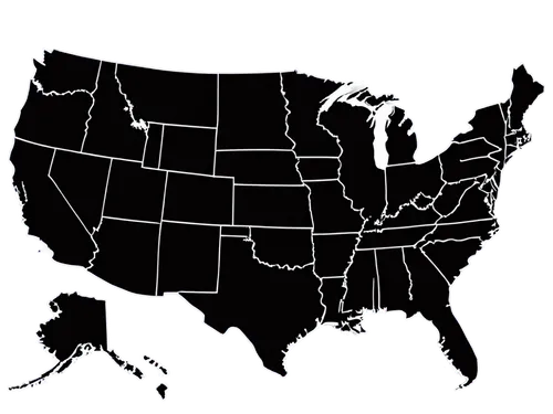 USA silhouette map, black outline, white background, detailed state borders, capital cities marked, major rivers and lakes included, 3D effect, gradient shading, low-angle lighting, panoramic view, hi