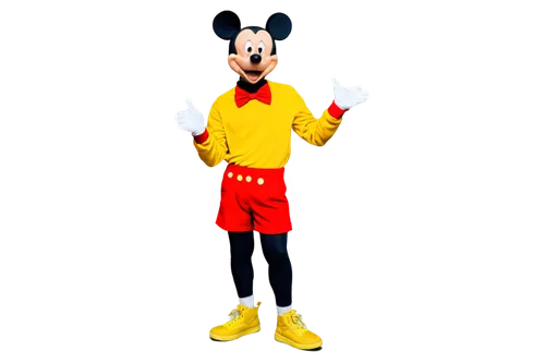 Mickey Mouse, Disney character, happy expression, yellow shoes, red shorts, white gloves, iconic ears, joyful pose, standing, 3/4 composition, warm lighting, vibrant colors, shallow depth of field, ci