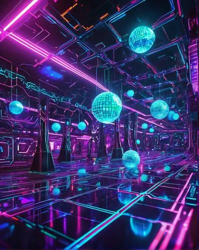 ufo interior,spaceland,nightclub,neon coffee,cyberscene,spaceship interior,dancefloor,disco,retro diner,cyberworld,scifi,80's design,neon light,neon ghosts,cyberia,cyberpunk,3d render,neon drinks,neon cocktails,futuristic,Illustration,Realistic Fantasy,Realistic Fantasy 38