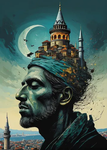 , a real cityscape (istanbul) where mythical creatures coexist with futuristic elements, a harmonious blend of the past and present and future, design in mind, galata tower, impasto brush strokes by v