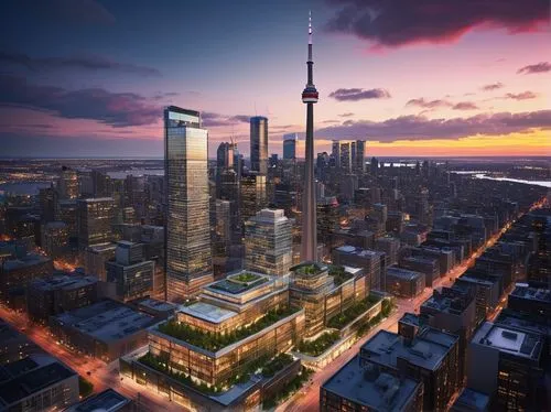 Modern Toronto skyscraper, sleek glass facade, angular metallic structures, rooftop garden, luxurious penthouse, floor-to-ceiling windows, cityscape view, busy streets, evening lights, vibrant downtow