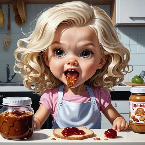 a glossy Hyper realistic airbrush oil painting caricature of a little Caucasian chibi girl, with textured realistic icy blond even more curly long hair, making a mess while making peanut butter and je