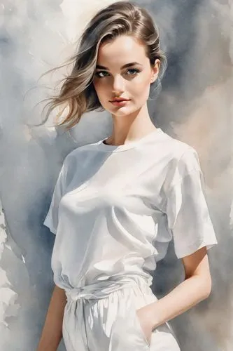 WOMAN MODEL, FASHION LIFESTYLE, 1970s,a woman is posing for a po in a white top,portrait background,lwd,girl on a white background,audrey hepburn,white dress,transparent background,Digital Art,Waterco