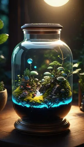 an elegant and minimalist glass jar filled with a miniature ecosystem, planets and advanced spaceships, in the style of luminous 3d objects, dreamlike horizons, uncanny valley realism, sunrays shine u