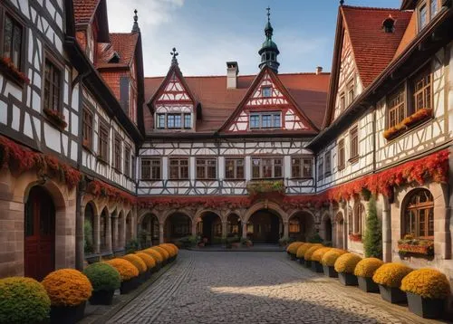 Neoclassical German architecture, grand entrance, ornate facade, stone columns, intricate carvings, large windows, steeply pitched roof, red tiles, Gothic spires, grand clock tower, vibrant colorful m