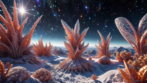 ice planet,alien world,alien planet,fractal environment,cosmos field,ice crystals,mandelbulb,star winds,cinnamon stars,valerian,crystalline,starscape,antarctic flora,salt meadow landscape,desert planet,fairy galaxy,infinite snow,terraforming,christmasstars,colorful star scatters