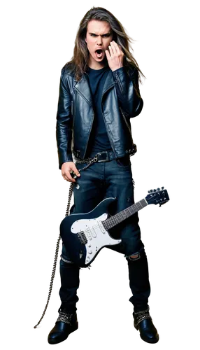 Heavy metal musician, male, aggressive posture, black leather jacket, ripped jeans, black boots, silver chain belt, loudspeaker in background, guitar in hand, headbanging, intense facial expression, m