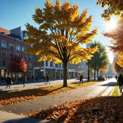 fall season in the city with lots of leaves. Sun shining with a cool breeze along the streets. People outside doing activities with their family. Unreal Engine, Hyper-Realistic,,howard university,gall