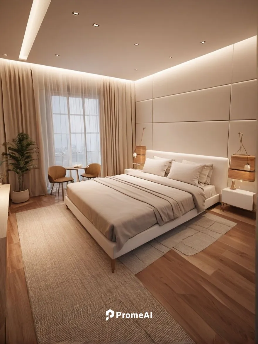 "Design a serene and minimalist bedroom that embodies the refined style.. The room should feature a comfortable bed. The overall ambiance should be peaceful and elegant, ideal for relaxation.",a bedro