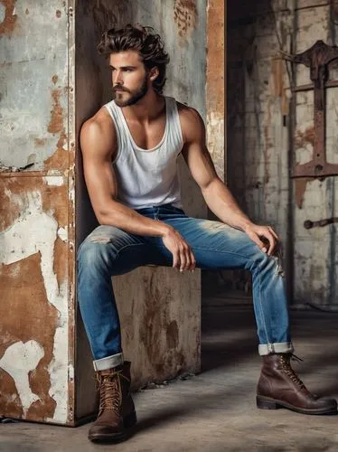 male model,men's wear,carpenter jeans,cowboy boots,men clothes,steel-toed boots,blue-collar,cowboy boot,steel-toe boot,lincoln blackwood,blue-collar worker,leather boots,country style,man on a bench,riding boot,tradesman,man portraits,jeans background,bluejeans,boy model,Illustration,Realistic Fantasy,Realistic Fantasy 20