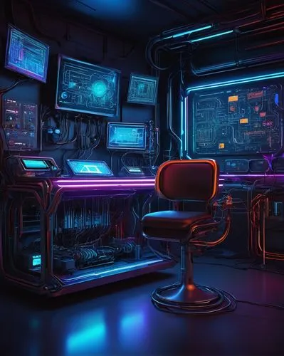 computer room,cyberpunk,ufo interior,computer desk,computer workstation,sci fi surgery room,cyberspace,computer,desk,cyber,neon coffee,the server room,working space,computer art,study room,game room,secretary desk,neon human resources,barebone computer,music workstation,Illustration,Abstract Fantasy,Abstract Fantasy 09