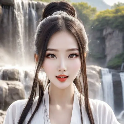 China during the Qin Empire, very beautiful charming young Chinese woman with very beautiful expressive eyes, beautiful thin lips, beautiful long hair, happy, dressed in white, kung fu master, washing