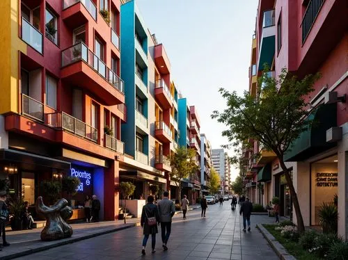 Vibrant urban landscape, eclectic building facades, bold color blocking, playful ornamental details, irregular shapes, fragmented forms, juxtaposed materials, rough textured concrete, smooth reflectiv