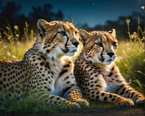 Visualize a (((double exposure))) featuring two baby cheetahs lying side by side alongside their powerful mother, the magnificent mother, in a (serene meadow alive with movement), against a backdrop o