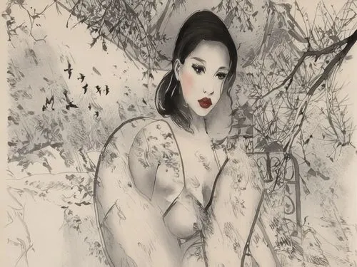 nude Beautiful nigerian girl, full dark curly hair, big dark almond eyes, full red lips, misty sky,this drawing has an image of a woman,geisha girl,oriental girl,geisha,asian woman,oriental painting,o