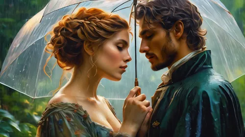 love in the mist,romantic portrait,romantic scene,fantasy picture,the sun and the rain,fairytale,a fairy tale,fairy tale,in the rain,golden rain,garden of eden,romance novel,oil painting on canvas,flightless bird,beautiful couple,fairytales,amorous,walking in the rain,romantic look,young couple,Conceptual Art,Fantasy,Fantasy 05