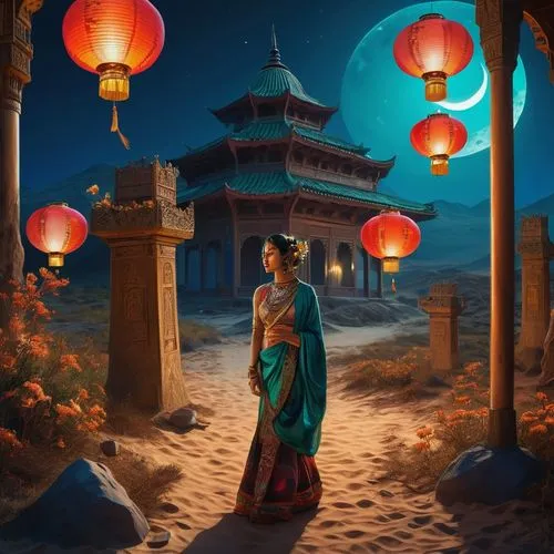 Batik art style, figure stands serene on lunar surface, surrounded by floating lanterns illuminating delicate craters, Earth-rise background with contrasting blue and green hues, soft lunar light bath