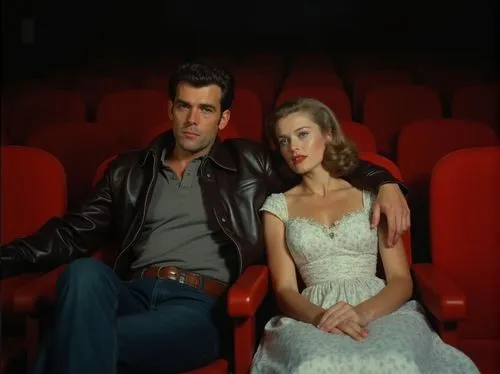  Low Quality and low resolution Technicolor movie still of a slick guy in a leather jacket with his arm around his girlfriends shoulder, she is wearing a white floral dress, sat watching a movie in th