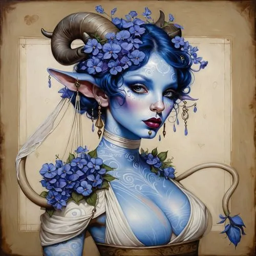 blue-skin lady with a wide-cow-like nose and horns with violets and gentle expression,a painting of a woman with blue hair and horns,blue enchantress,fantasy portrait,violet head elf,elven flower,faer