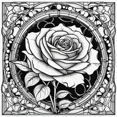 imagine prompt:coloring pages for adults, Create an intricately designed stained glass window featuring a full-bloom rose at its center surrounded by various leaves within a bold square frame. Emphasi