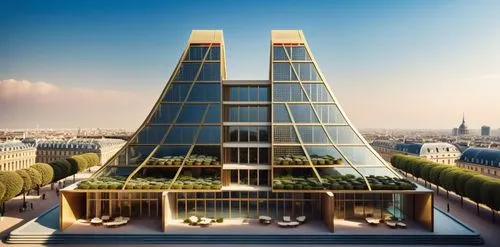 ADD VDERTICAL GARDEN 
,an architectural rendering shows the shape and appearance of a building with multiple levels,glass pyramid,vinoly,europan,hôtel des invalides,french building,trocadero,Photograp